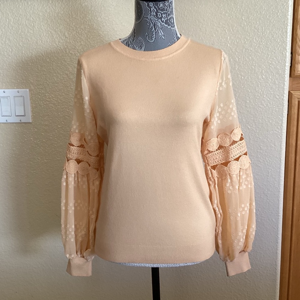 NWT Sioni Lightweight Sweater Sheer Crochet Textured Sleeve